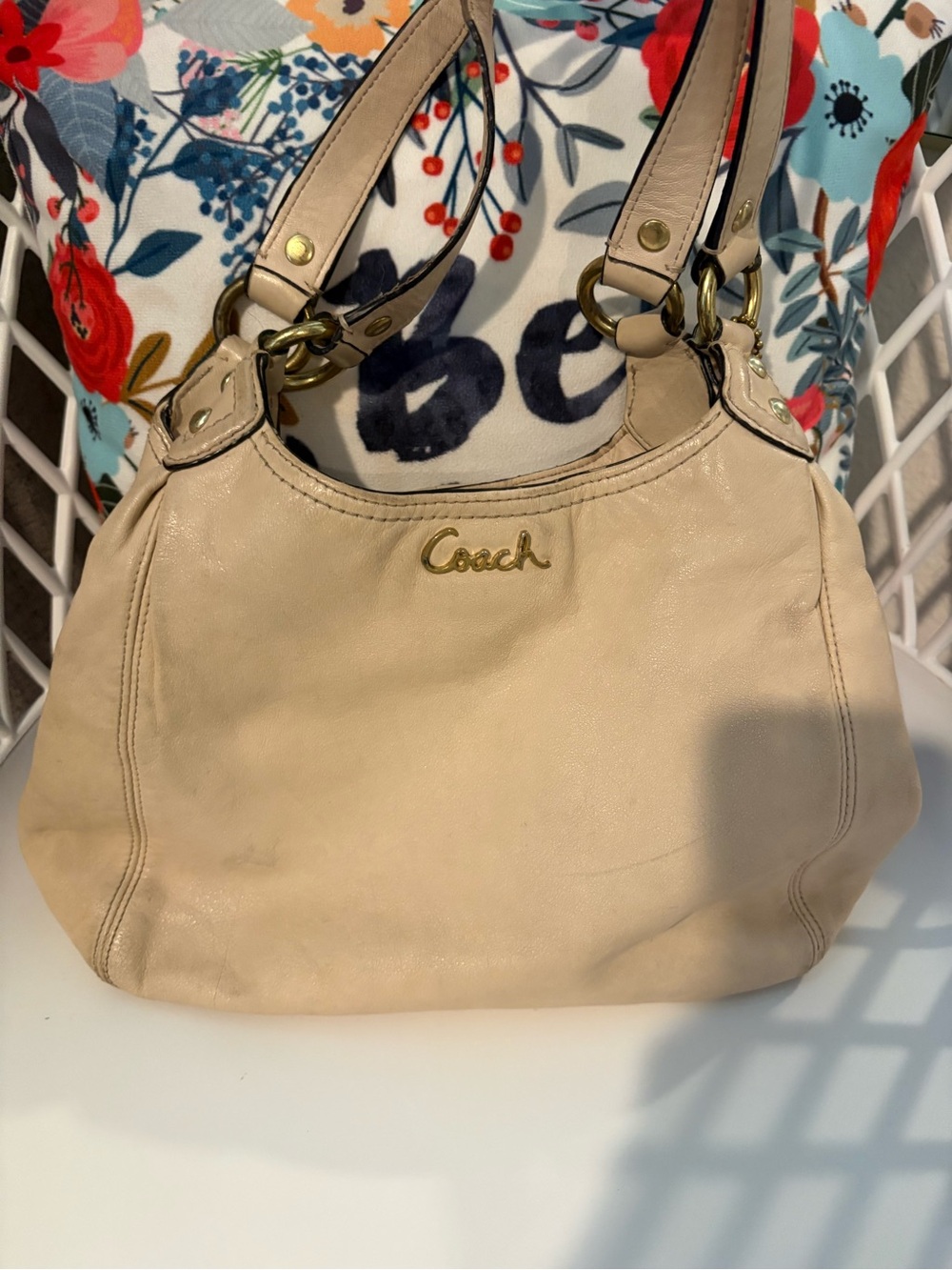 Authentic Coach Cream Leather Shoulder Bag with Gold Hardware